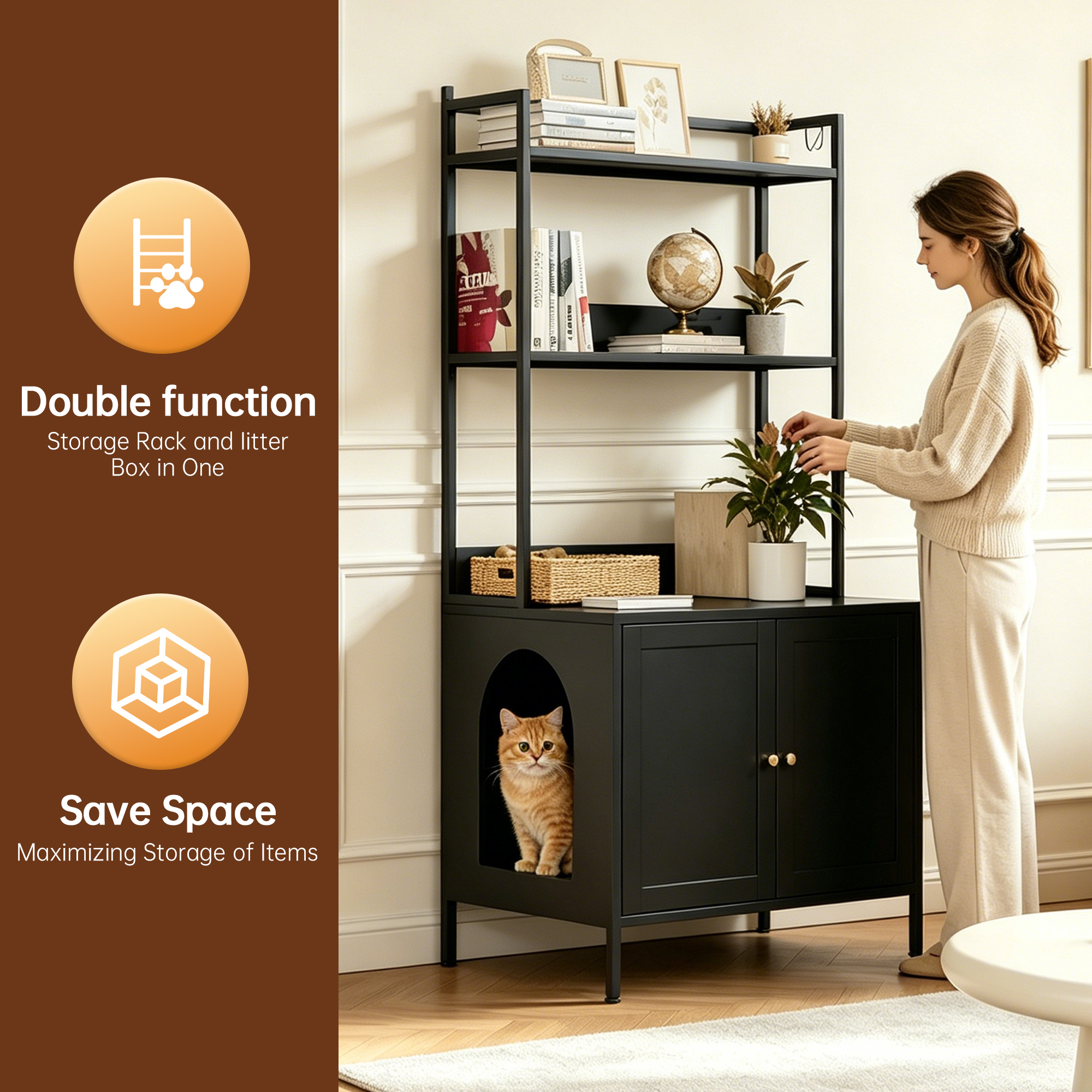 Caja de Limpieza para Gatos en Metal, Encierro Oculto de 57" con 3 Niveles de Almacenamiento y 4 Broches S, Casa Grande para Gatos Internos con Puertas y Control de Olor, Negro — imagen 5