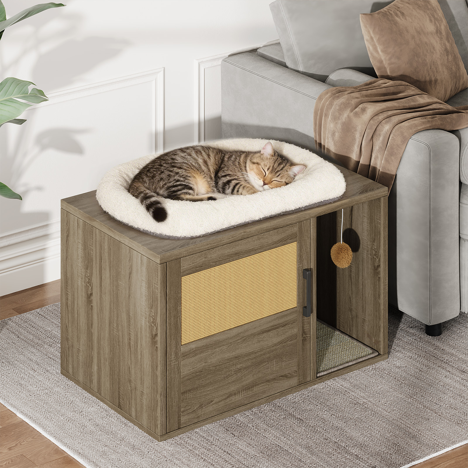 Cat Litter Box Enclosure Furniture Cabinet Odor Control With Scratching Pad Wooden Cat House Side End Table For Living Room Bedroom — image 4