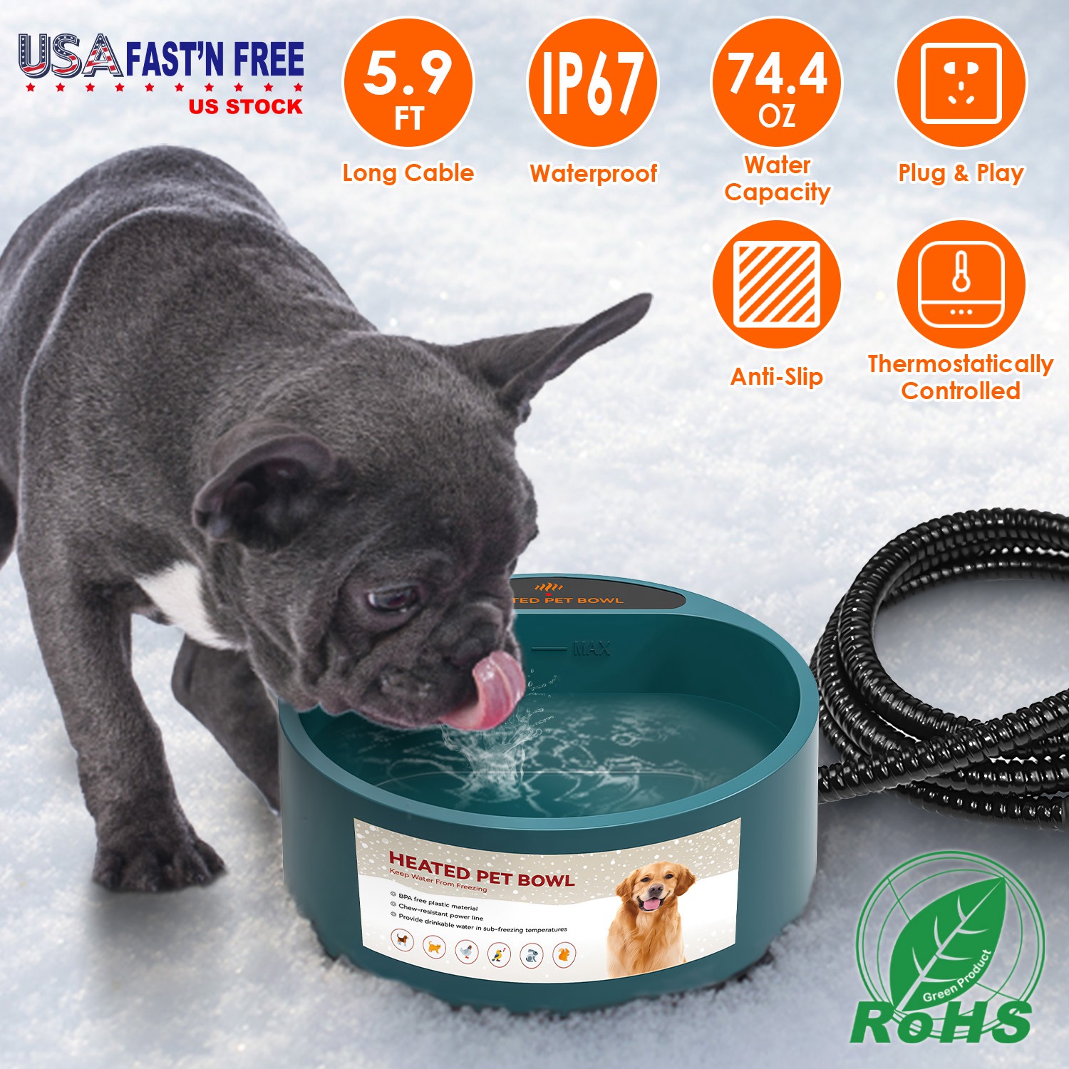 Bebedero Calefactado para Perro y Gato 74.4OZ Plato de Agua Térmico con Calefacción IP67 Impermeable Bebedero Térmico para Mascotas Perro Gato Comedero de Agua para Perro Gato Conejo Mascota — imagen 1