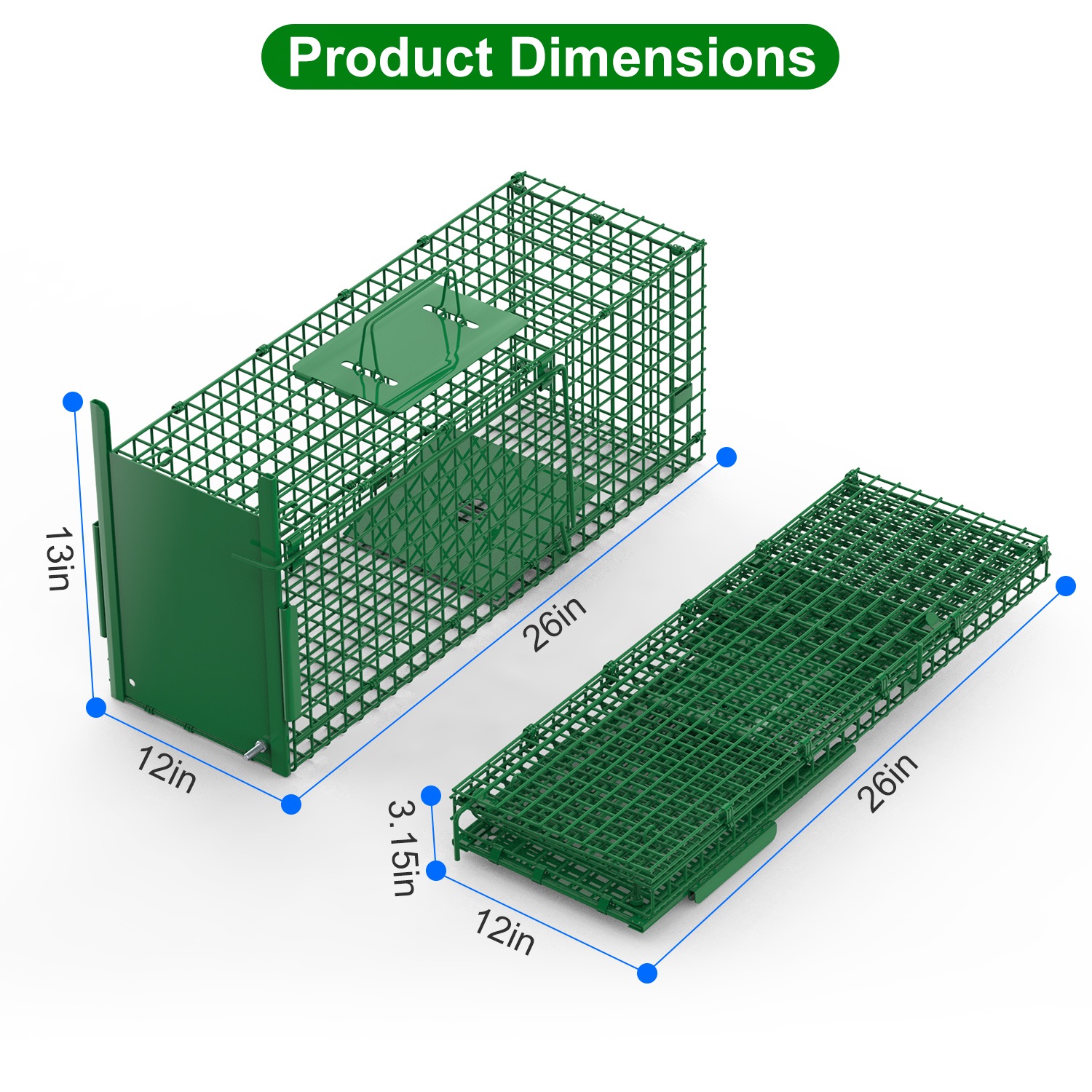 Live Animal Cage Trap For Animals Humane Galvanized Iron Trap Cage For Raccoons Armadillos Foxes Opossums Muskrats Beavers 26in 32in 40in Size Options Green — image 13