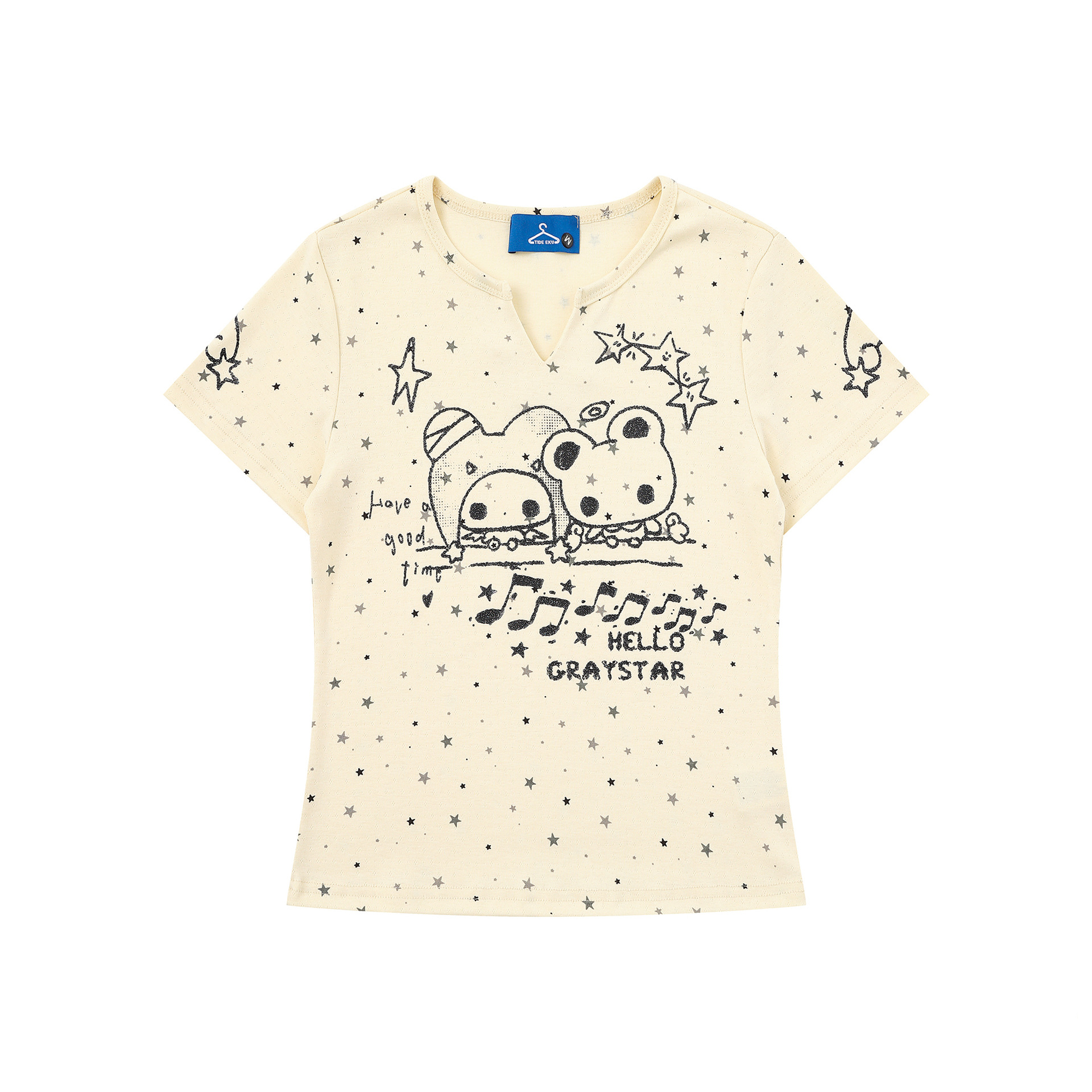 Camiseta de manga corta con estampado musical de nota y estrellas en todo el cuerpo, top ajustado con V suave y cuello redondeado — imagen 3