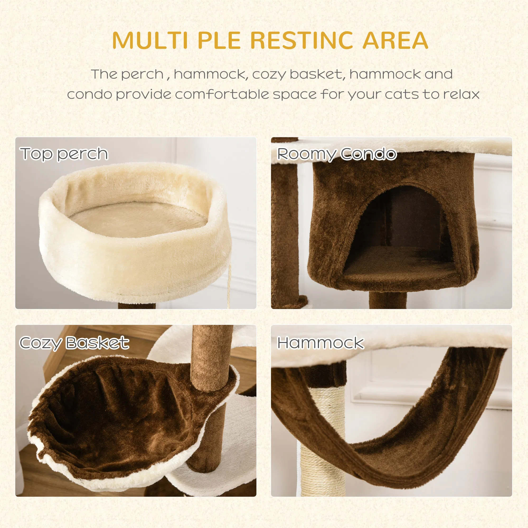 60" Cat Scratching Tree, Cat Bed Condo Post House Pet Furniture Toys-Brown & Beige — image 3
