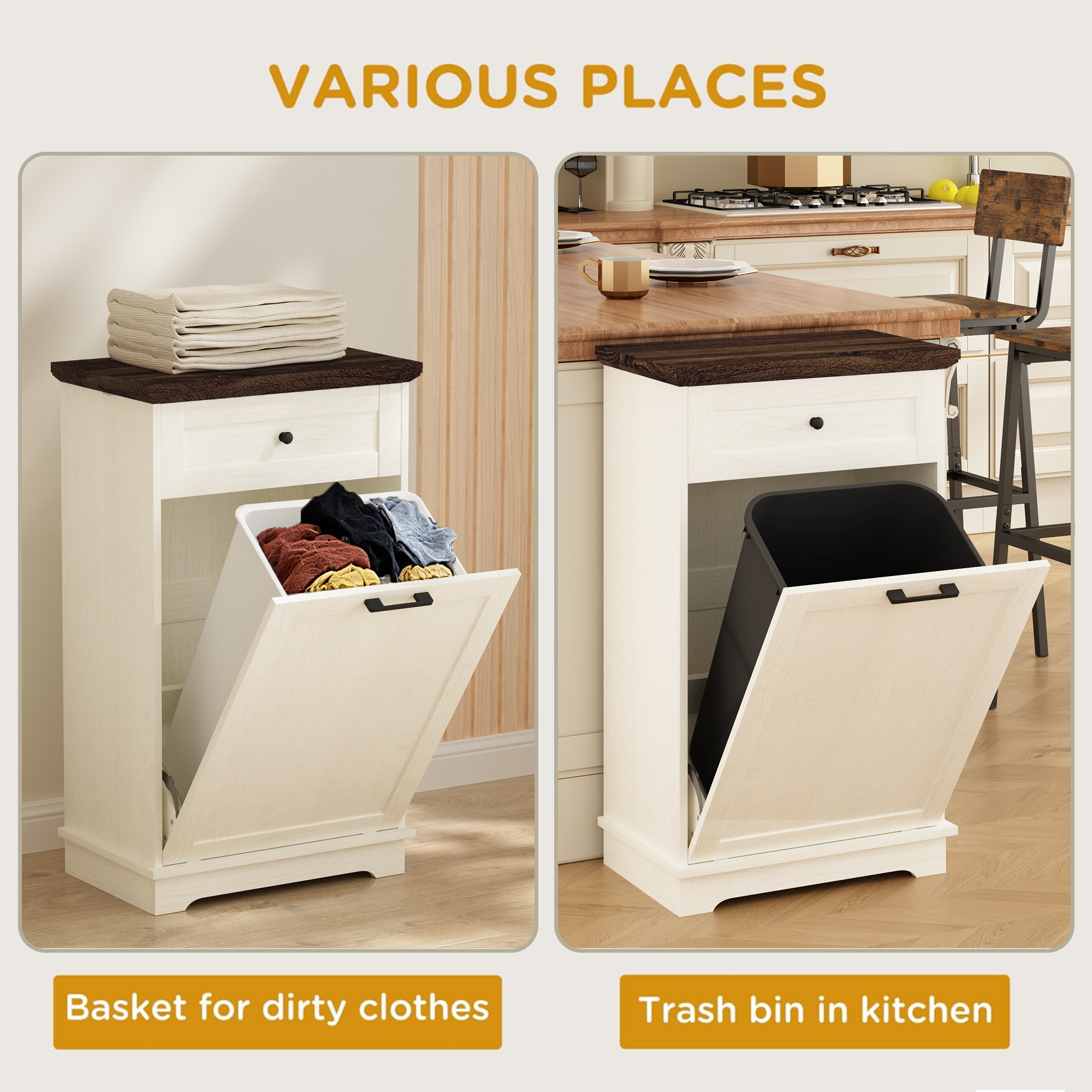 Mueble Basculante para Basurero de 10 Galones, Mueble Independiente para Bote de Basura, Mueble de Madera para Basura y Reciclaje con Cajón, a Prueba de Mascotas, para Cocina y Sala de Estar, Blanco Antiguo (No Incluye el Bote de Basura) — imagen 36