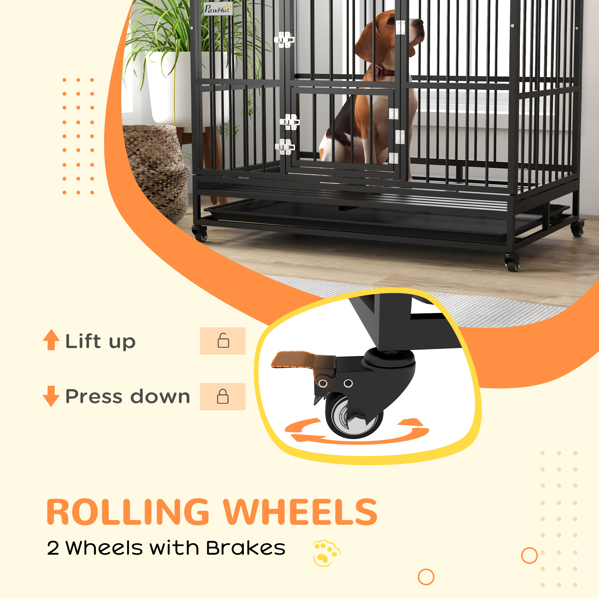 48" Heavy Duty Dog Crate with 4 Lockable Wheels, Double Doors, and Removable Tray, for XL and L Dogs — imagen 5
