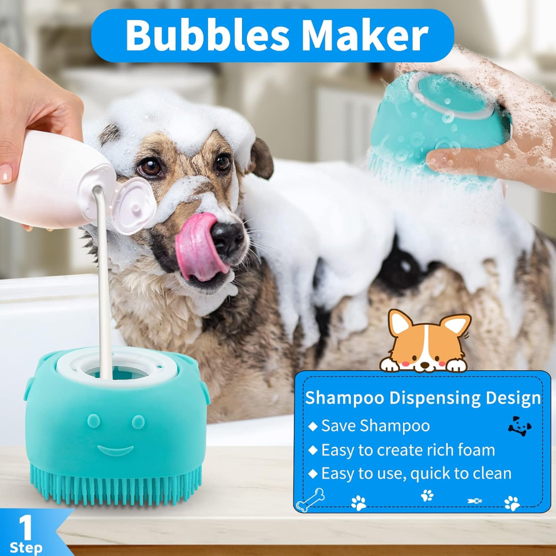 Set de 6 Piezas: Cepillo de Baño para Perros, Cepillo de Dientes, Cepillo de Mango Ajustable para Champú y Estropajo, para Perros y Gatos de Pelo Corto y Largo, Elimina Eficazmente Olores y Manchas — imagen 5