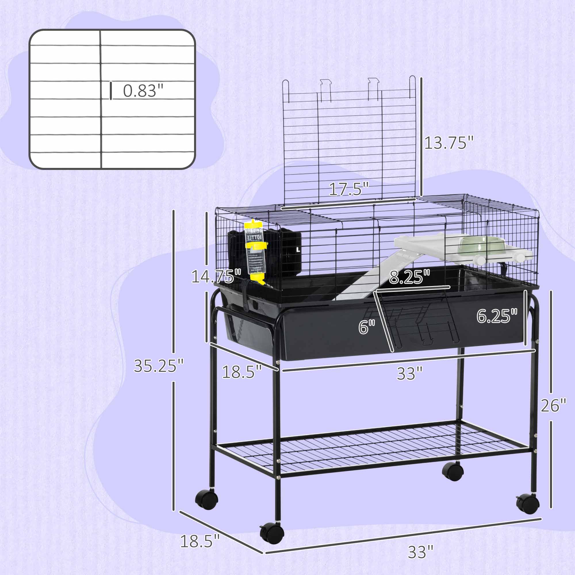 Two-Story Small Animal Cage Removable from Stand, Pet Habitat with Shelf & Wheels, 33" x 18.5" x 35", Charcoal Gray — imagen 4