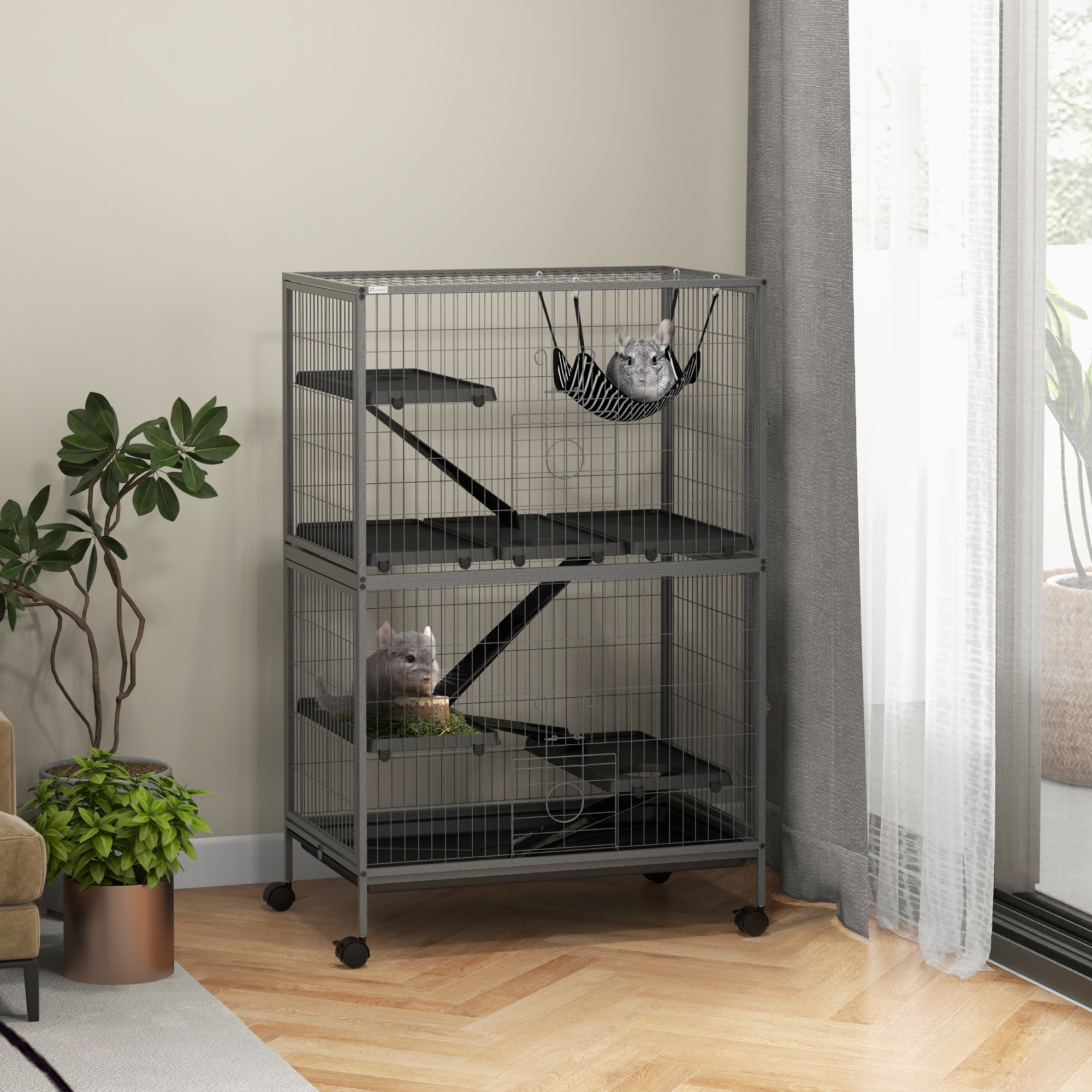 50" H Rolling Small Animal Cage with Hammock, Ferret Cage, Chinchilla Cage, Pet Habitat with 4 Doors, Removable Tray — image 3