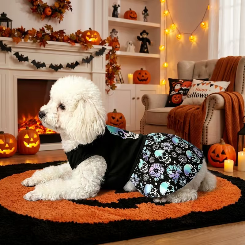Halloween Gradient Skull Dog Tutu Dress Purple Floral Skirt Puppy Girl Princess Costume For Small Medium Dogs Cats Holiday Gift — image 4