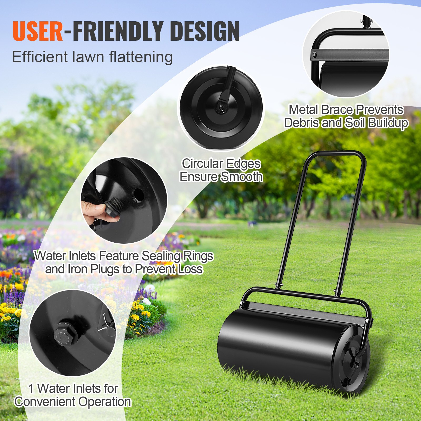 Rodillo de Césped, 13 Galones de Arena/Agua, Rodillo de Hierro con Conector Fácil y Manija Ergonómica en forma de U para empujar y arrastrar con comodidad, para césped, jardín, granja, parque, negro — imagen 4