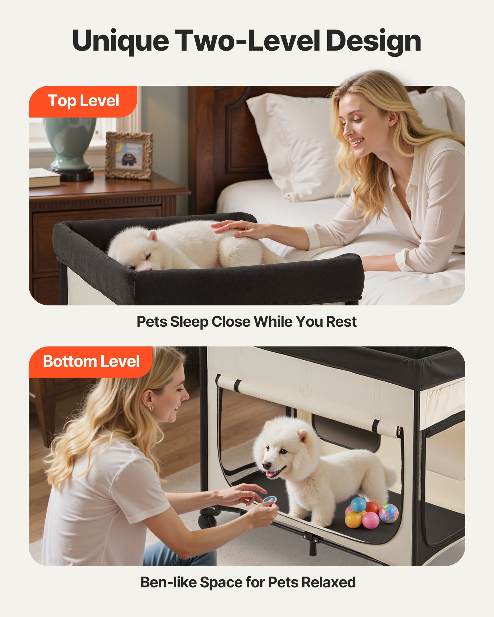 Cama de Descanso Elevada para Mascotas, Caja Portátil para Perros con Tela de 600D y Veludo Holandés, Con Ruedas, Bolsillos Lados y Bolsa Transporte para Gatos y Perros, XL, Beige — imagen 2