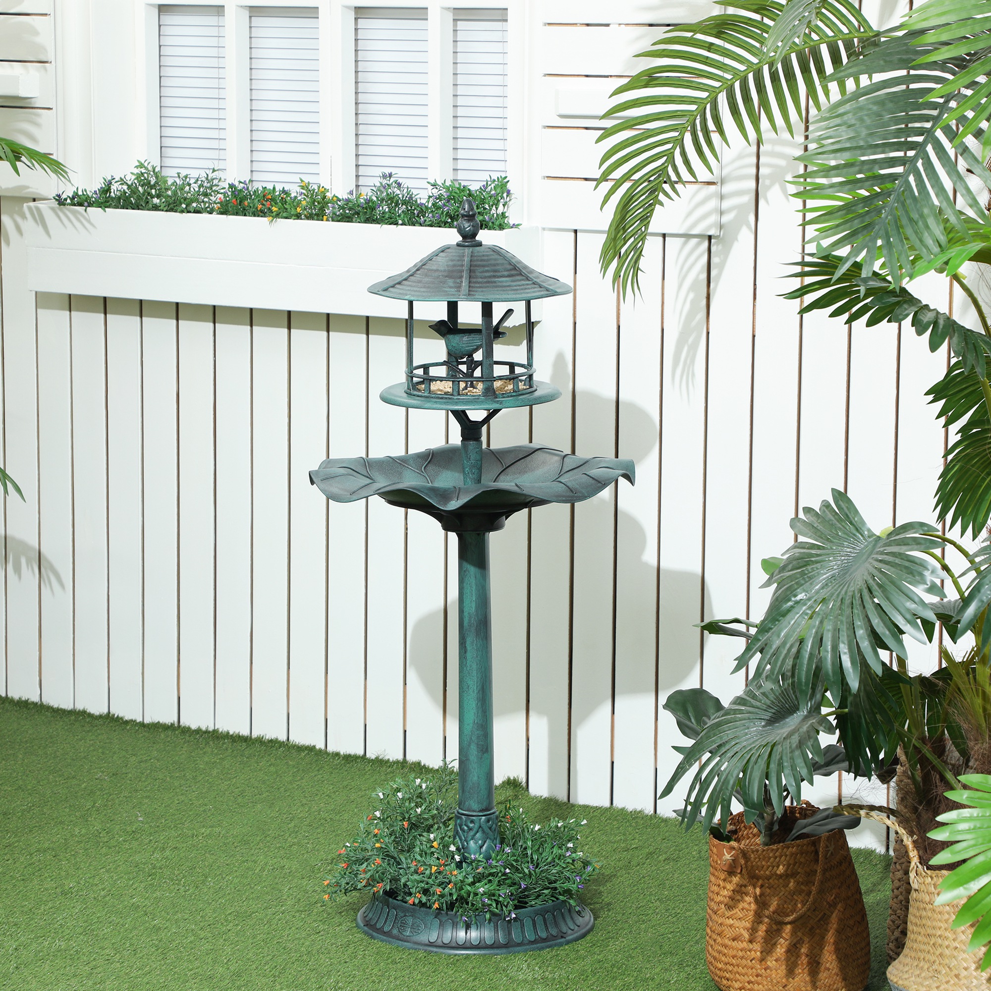 Bebedero para Aves de Jardín 3 en 1 con Pedestal, Comedero para Aves, Amplio Recipiente de Agua y Macetero Inferior para Flores, Verde — imagen 1