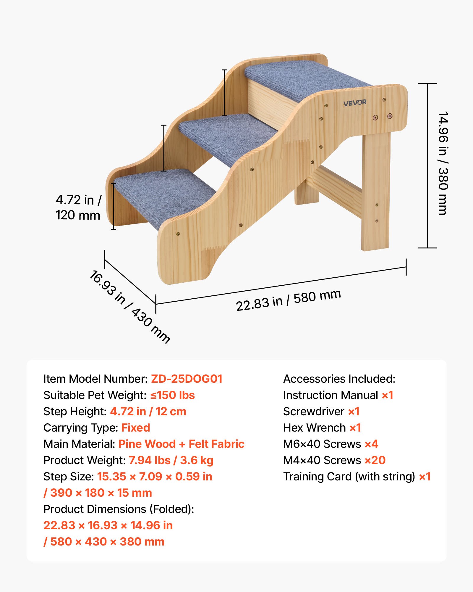Escaleras de Madera para Mascotas 3 Peldaños, Soporte Seguro para Cama Alta, Sofá y Coches, Capacidad 150lbs, Superficie Antideslizante, Escalera Estable para Gatos y Perros Pequeños Grandes Mayores — imagen 1
