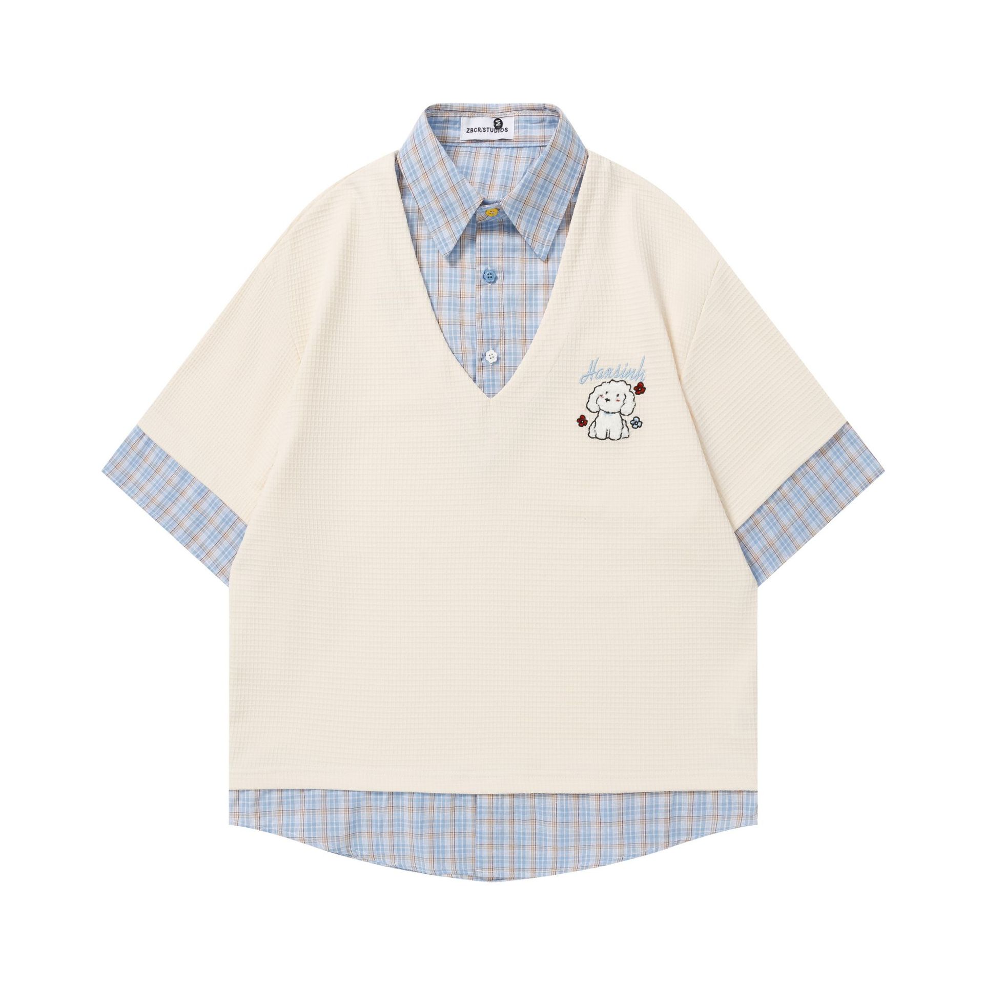 Small dog embroidered checkered short sleeved shirt — image 1