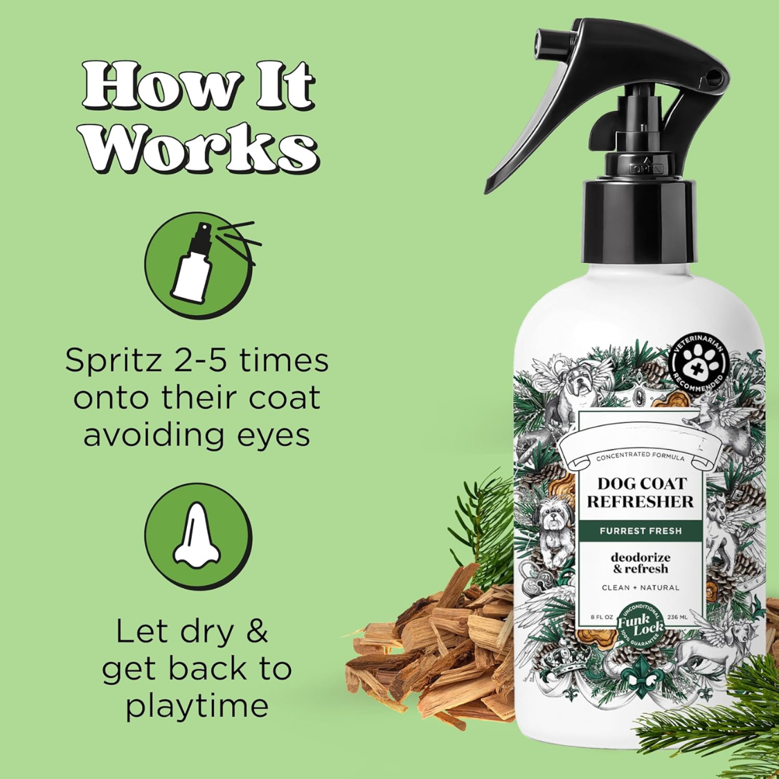 Furrest Fresh Spray para Eliminar Olor Canino, 8 Fl Oz Perfume de Cuidado para Capa del Perro, Neutralizador de Olor con Aceites Esenciales, Recomendado por Veterinarios, Libre de Parabenos y Sulfatos, Olor de Pino, Ámbar Y Cedro — imagen 2
