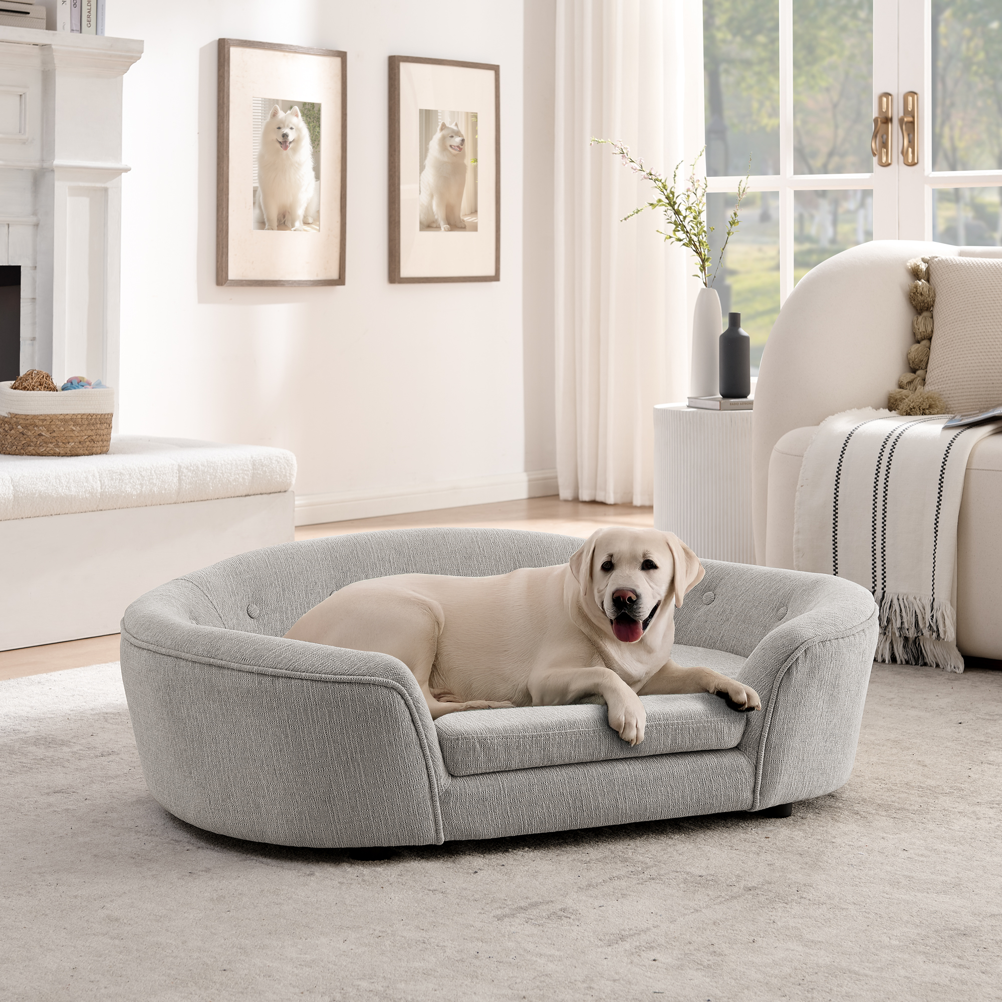 SILLA DE PERRO GRANDE Ovalada Semi-Cerrada - Material de Lino Duradero, Espaldar con Botones y Tufting, Soporte Alto-Centro Bajo-Lados y Confort Plush Beige — imagen 1