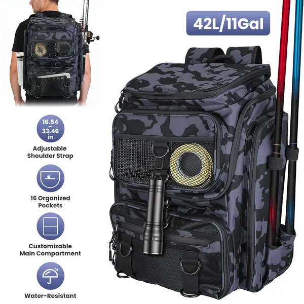 Mochila de Pesca de 11Gal, Bolsa de Almacenamiento de Aparejos de Gran Capacidad con Portacañas, 16 Bolsillos, Resistente al Agua, con Divisor y Correas Acolchadas Ajustables para Equipo de Pesca, Camping y Senderismo — imagen 1