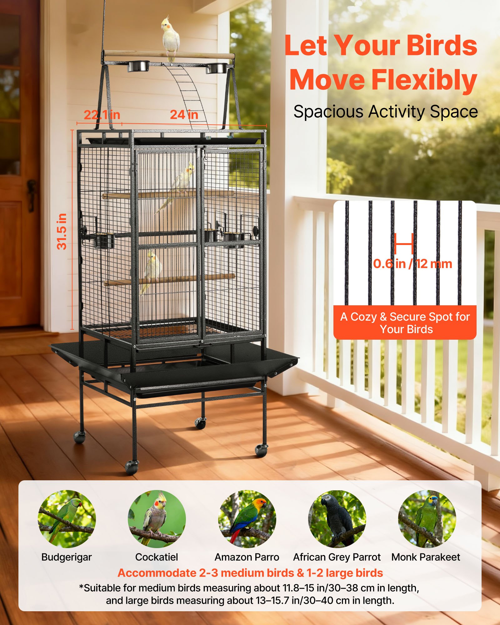 Bird Cage, 32.7 X 31.1 X 82.7 Inch, Open Flat Top, Wrought Iron Bird Flight Cage With Perches, Slide-Out Tray, Plastic Feeders, For Cockatiel, Monk Parakeet, Amazon Parrot, African Grey Parrot — image 2