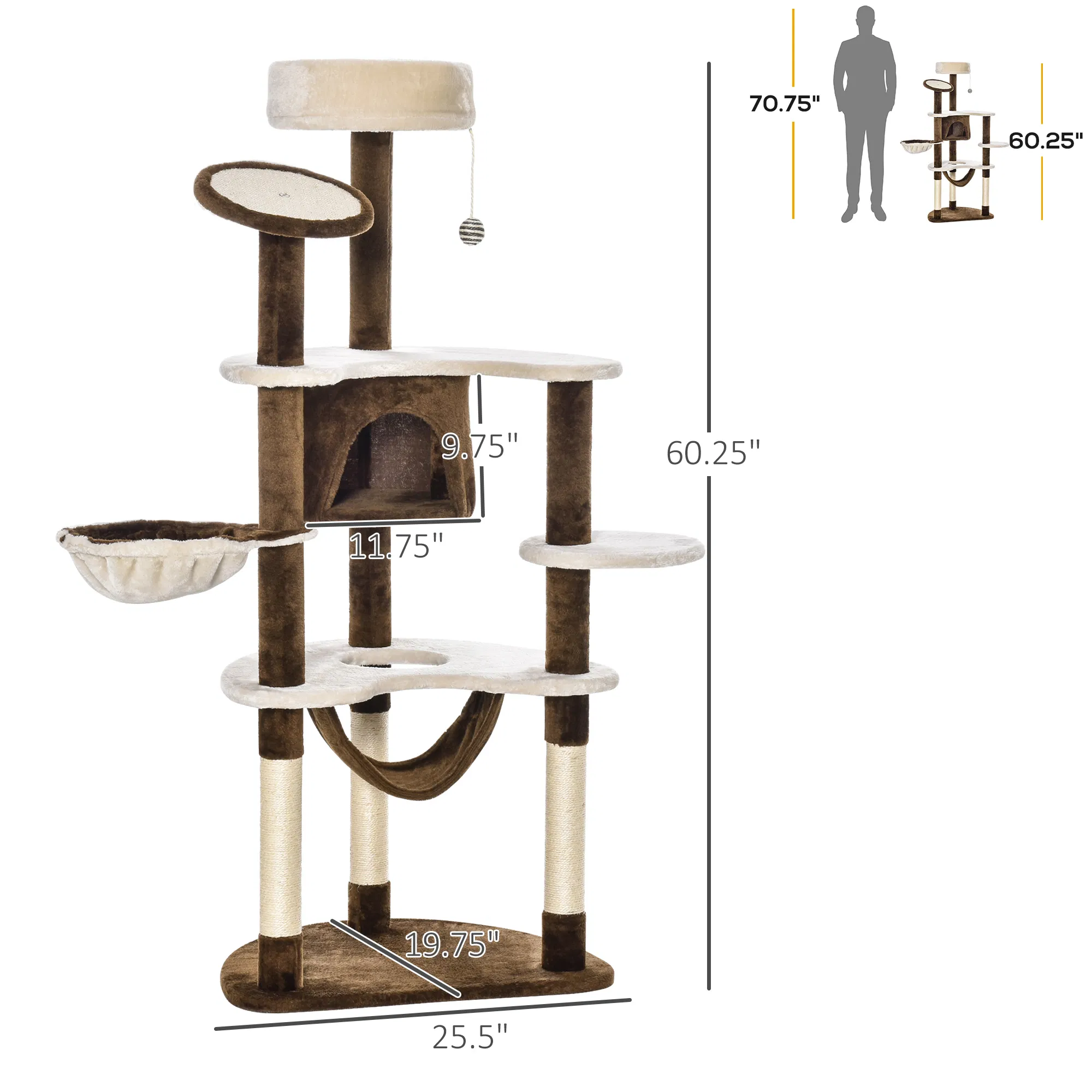 60" Cat Scratching Tree, Cat Bed Condo Post House Pet Furniture Toys-Brown & Beige — image 4