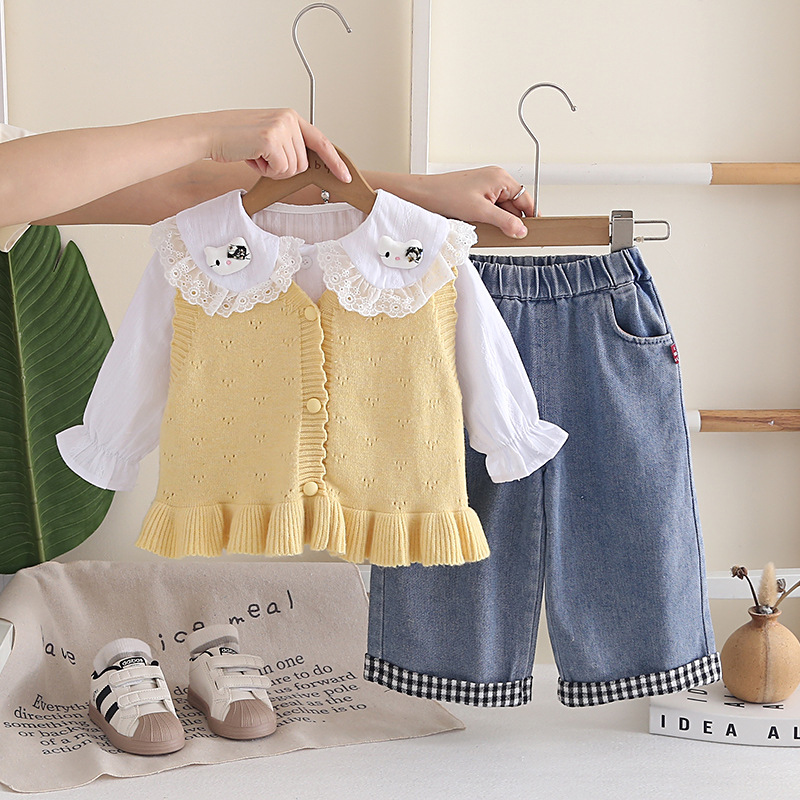 Stylish Cartoon Cat Collar Girls 3-Piece Autumn Spring Outfit — image 1