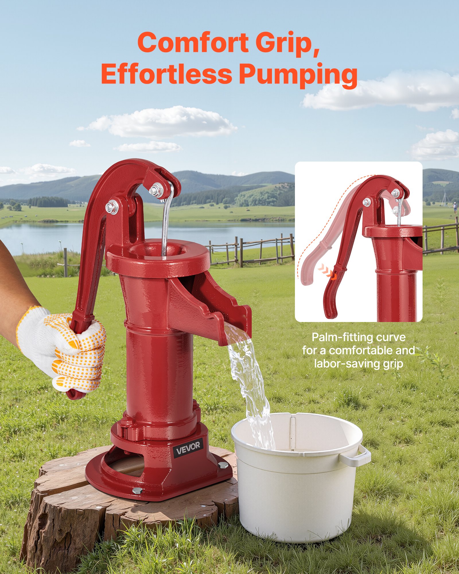 Pompa de Mano Manual de Hierro Fundido Antiguo, 25 Ft de Elevación Máxima, Conexión NPT 1-1/4 Pulgadas, Instalación Fácil, Clásico para Jardín, Ponds, Patio y Granja Rojo — imagen 5