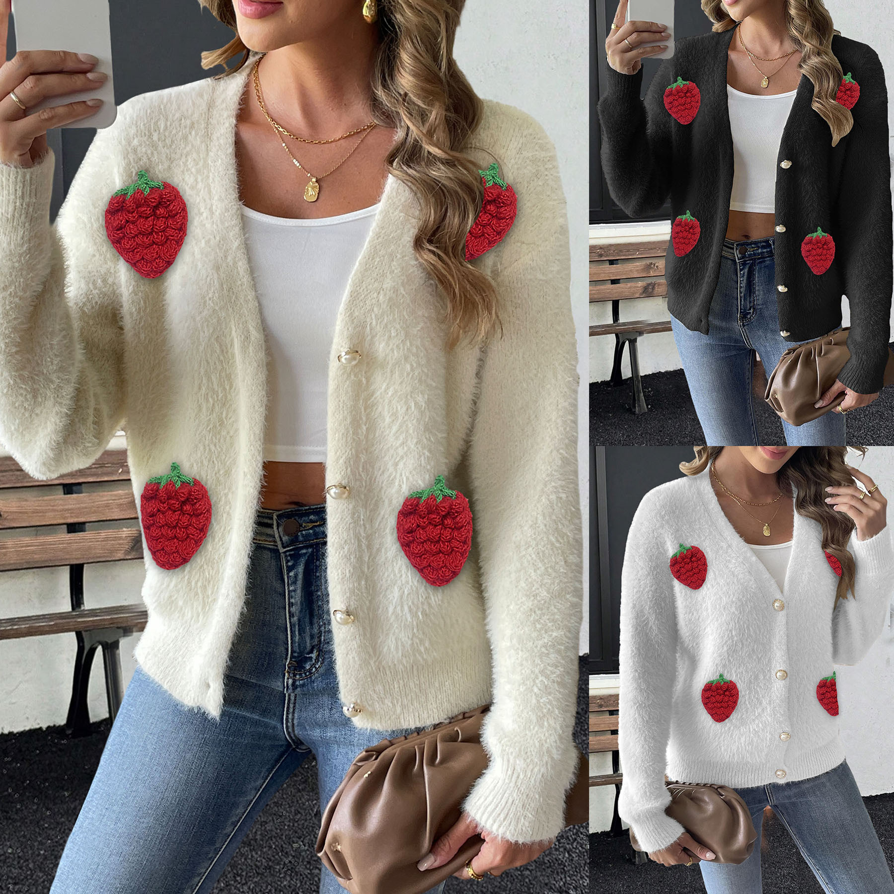 Ladies' Faux Mink Coat Women's Pearl Button Four-Button 3D Embroidery Strawberry Patchwork Knit Cardigan — image 6