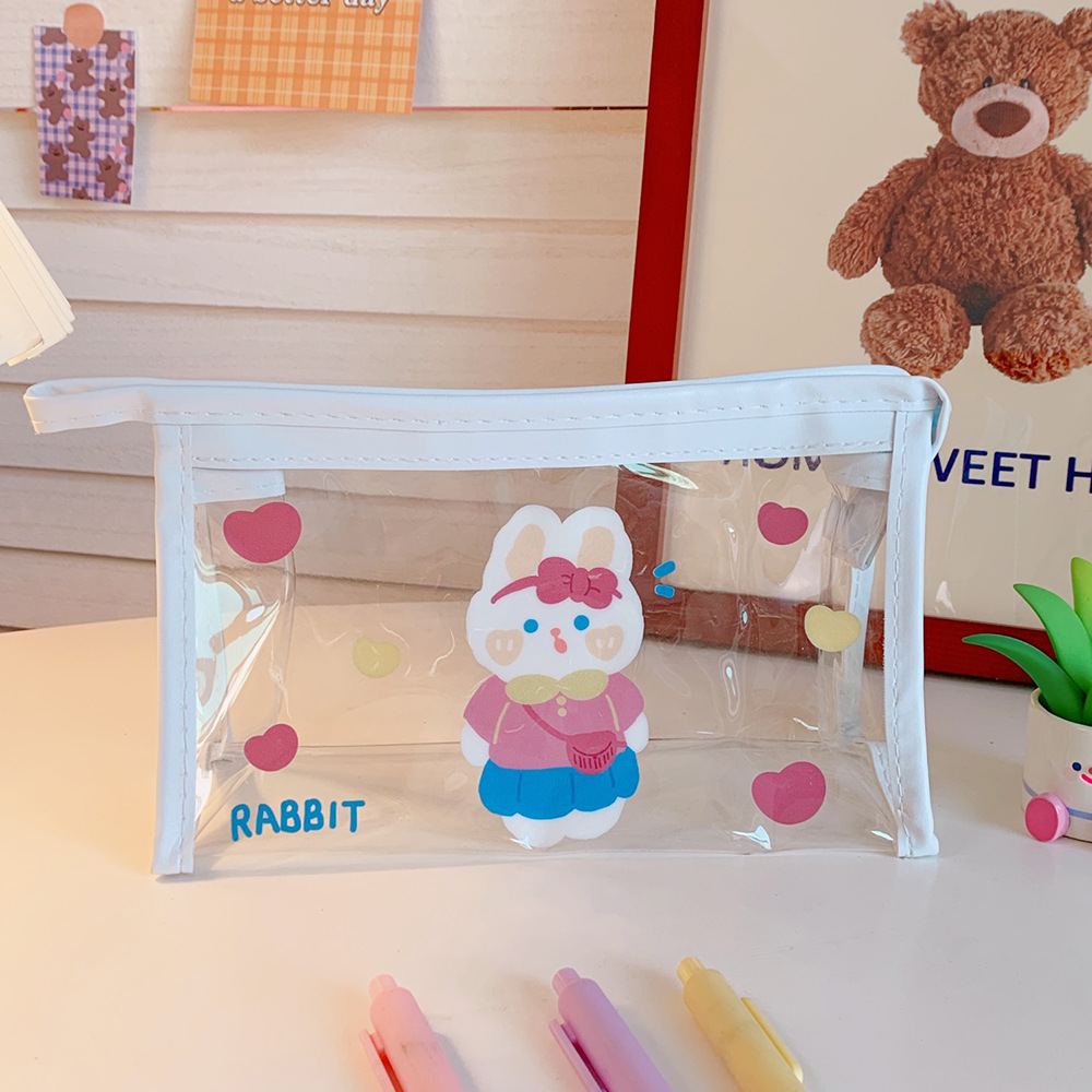 Bolsa de Lápiz Transparente Roja Grande Capacidad, Osito y Conejo Cómicos, Almacenaje de Cosméticos, Bolsa de Baño Japonesa de Alta Calidad — imagen 7
