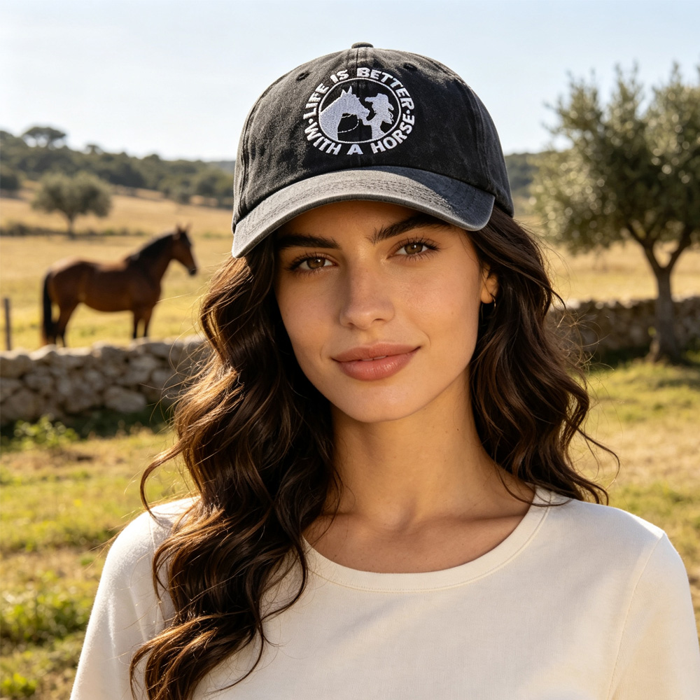 Vida Mejor Con Un Caballo: Gorra de Béisbol Vintage Lava con Bordados Vaquera para Mujeres Amantes del Equipo — imagen 1
