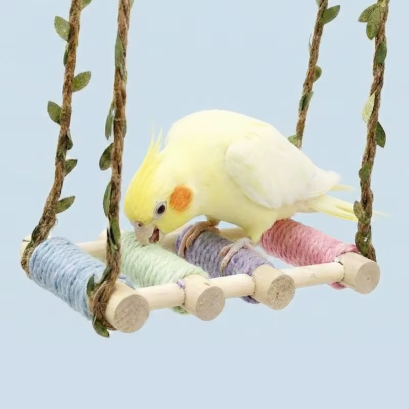 Columpio de pájaro de madera colgante con cuerda de algodón, columpio de jaula de pájaro, percha de pájaro, soporte de percha de pájaro, juguete de columpio de pájaro — imagen 4