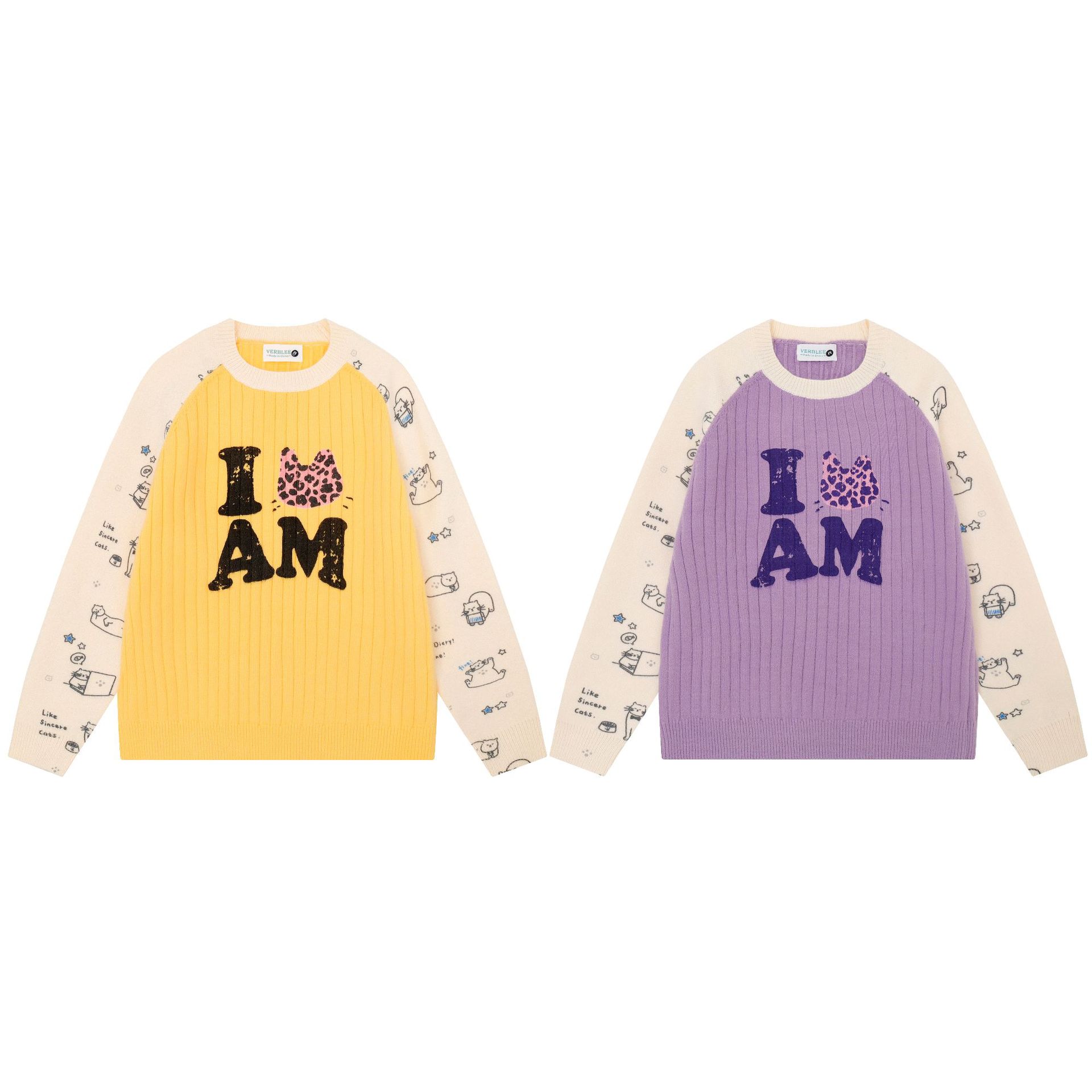 Women's Cartoon Cat Print Color Block Raglan Sleeve Round Neck Loose Knit Sweater — image 5