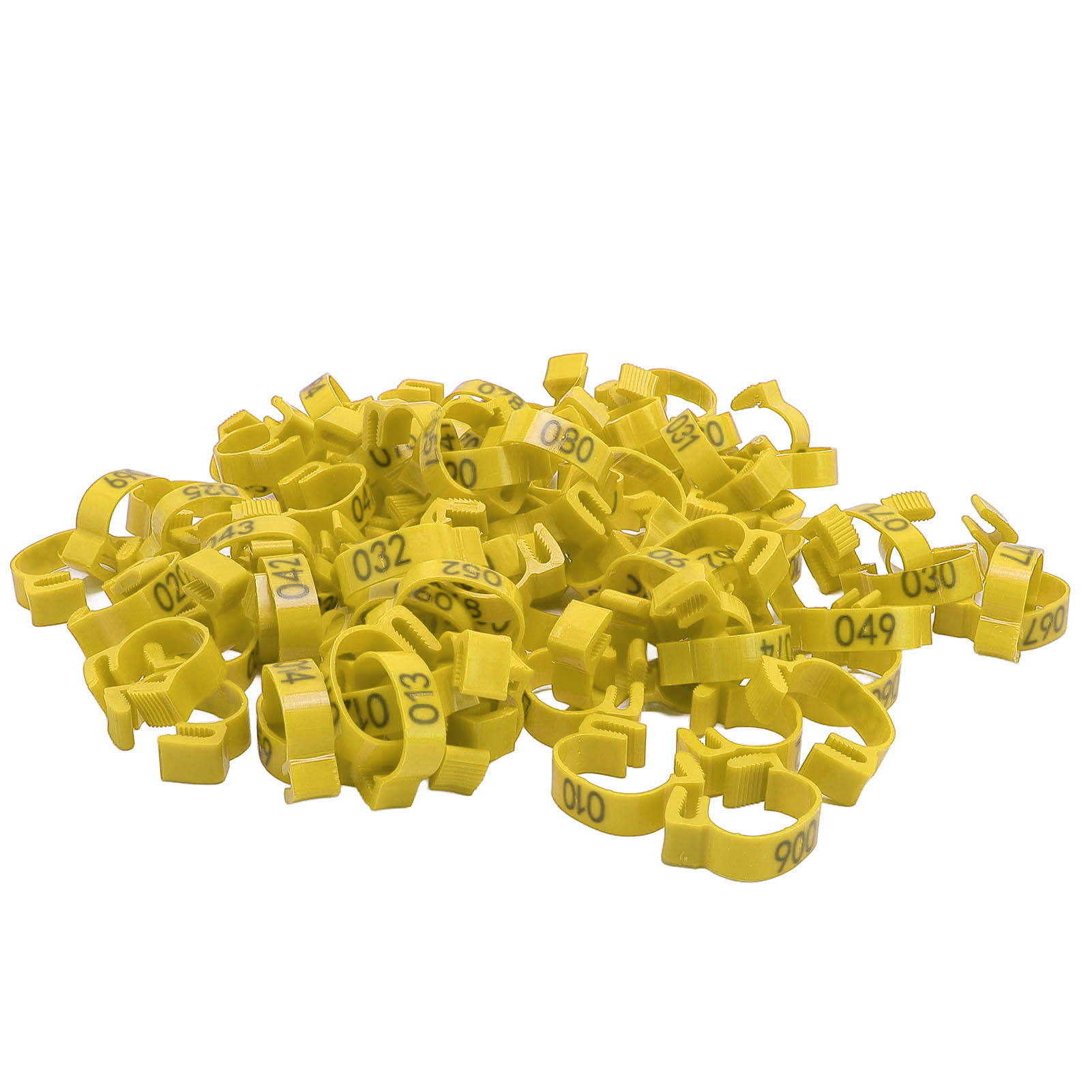100 Piezas de Cintas para Patas de Pollos Númeroadas 20mm 001 a 100 Identificación Aviar para Chicks, Patos, Palomas, Gansos y Codornices Amarillas