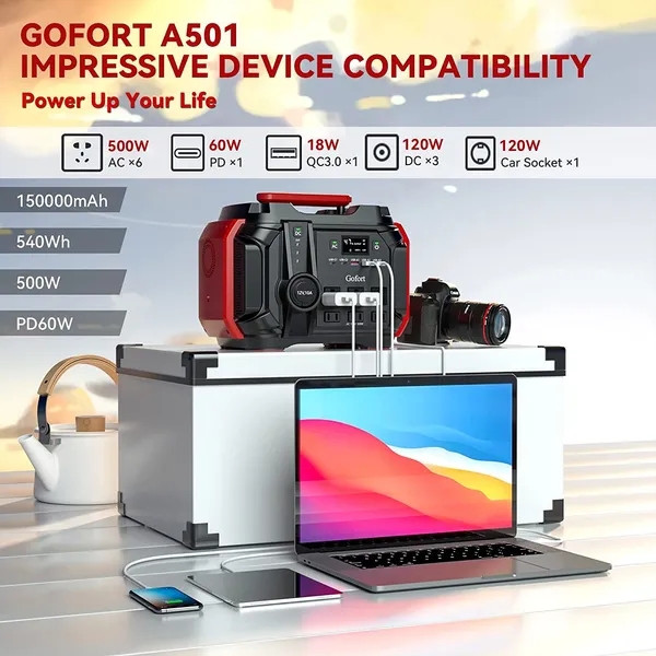 Estación de Energía Portátil GOFORT 540Wh/500W (Pico 1000W) 6 x Salidas AC 110V PD 60W Generador Solar Portátil para CPAP Batería Apoyo en Emergencias Para Camping Al Aire Libre RVRodante Pesca — imagen 3