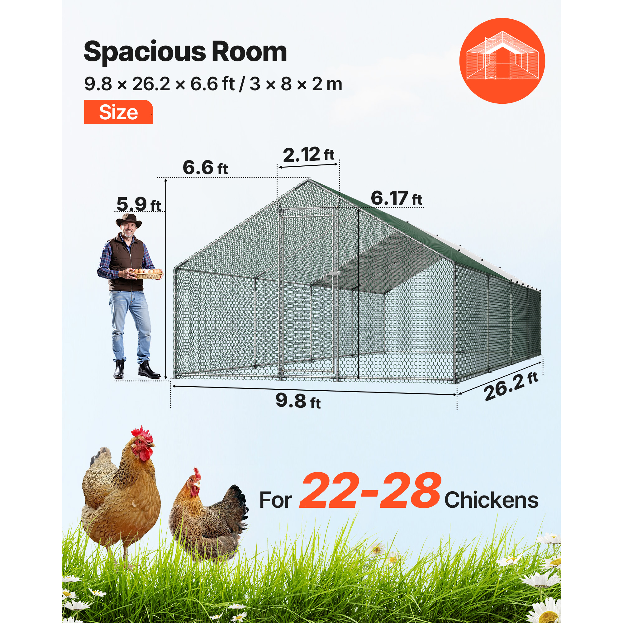 Large Metal Chicken Coop, 9.8 X 26.2 X 6.6 Ft, Walk-in Chicken Runs With Waterproof Cover, Spire Roof Hen House Enclosure With Lock, Outdoor Duck Rabbit Cage Poultry Pen For Backyard, Farm, Yard — imagen 5