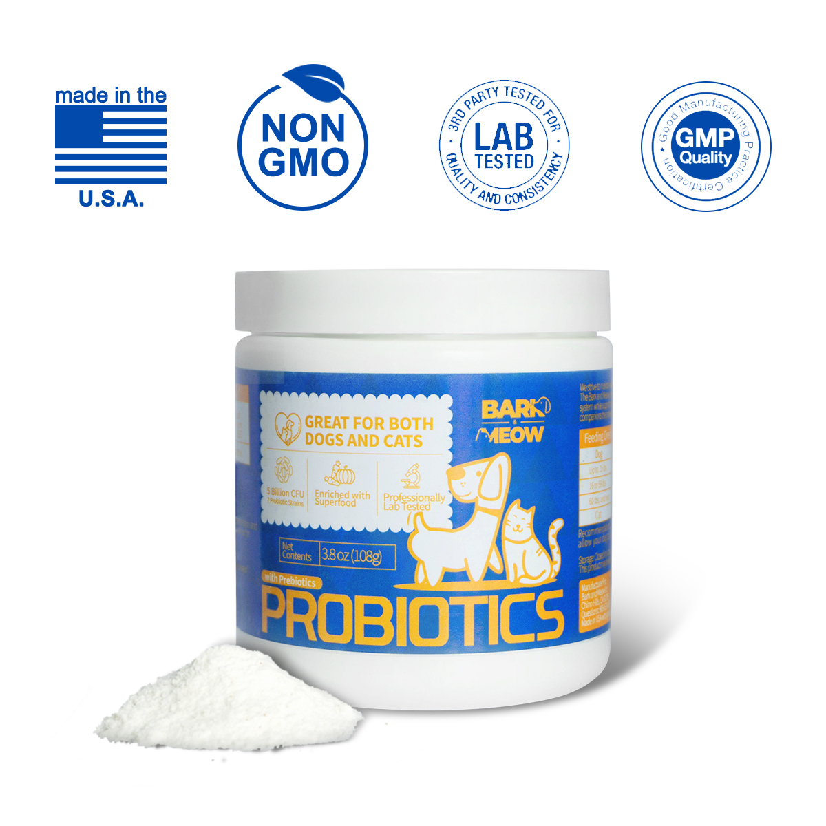 Probióticos para Perros y Gatos Bark & Meow - 7 Cepas Adaptadas, Prebióticos y Verduras Naturales - 5 Mil Billones CFU por Cucharada - Grado Humano, Libre de GMO, Aprobados por Veterinarios - Soporte Intestinal y Inmunológico — imagen 1