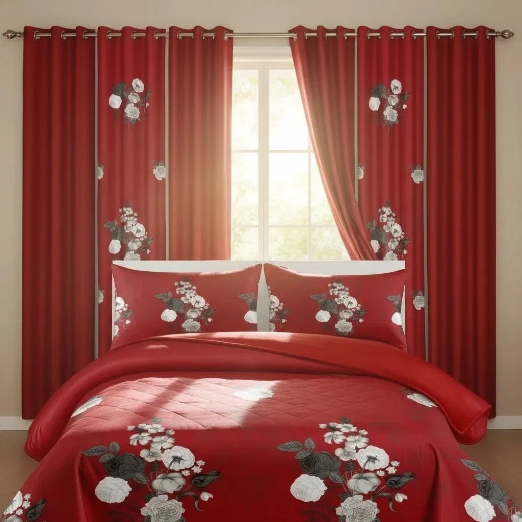 9-Piece Burgundy Red Floral Bedding & Curtain Combo Set, Vibrant Crimson Quilted Bedspread with 6 Light Filtering Window Panels & 2 Shams, Easy Care Microfiber Coverlet, Pet Friendly — image 16