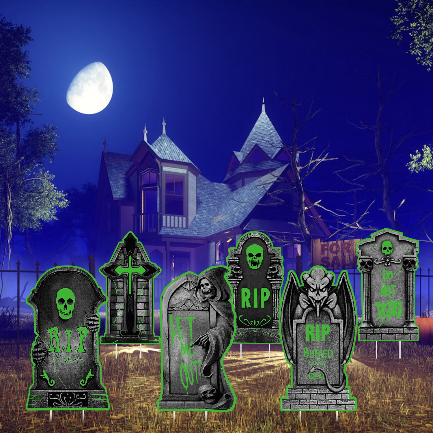 Decoraciones de Jardín para Halloween: 6 Calaveras, 6 Tumbas o 5 Gatos Negros, Brillan en la Oscuridad, para Casa Embrujada, Jardín, Patio y Fiestas de Temática Terrorífica — imagen 23