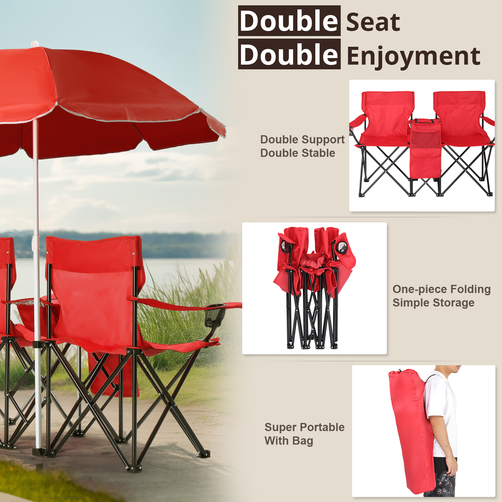 Silla de Pesca Roja con Soporte de Hierro, Malla Oxford y Paraguas Solar 85kg — imagen 11