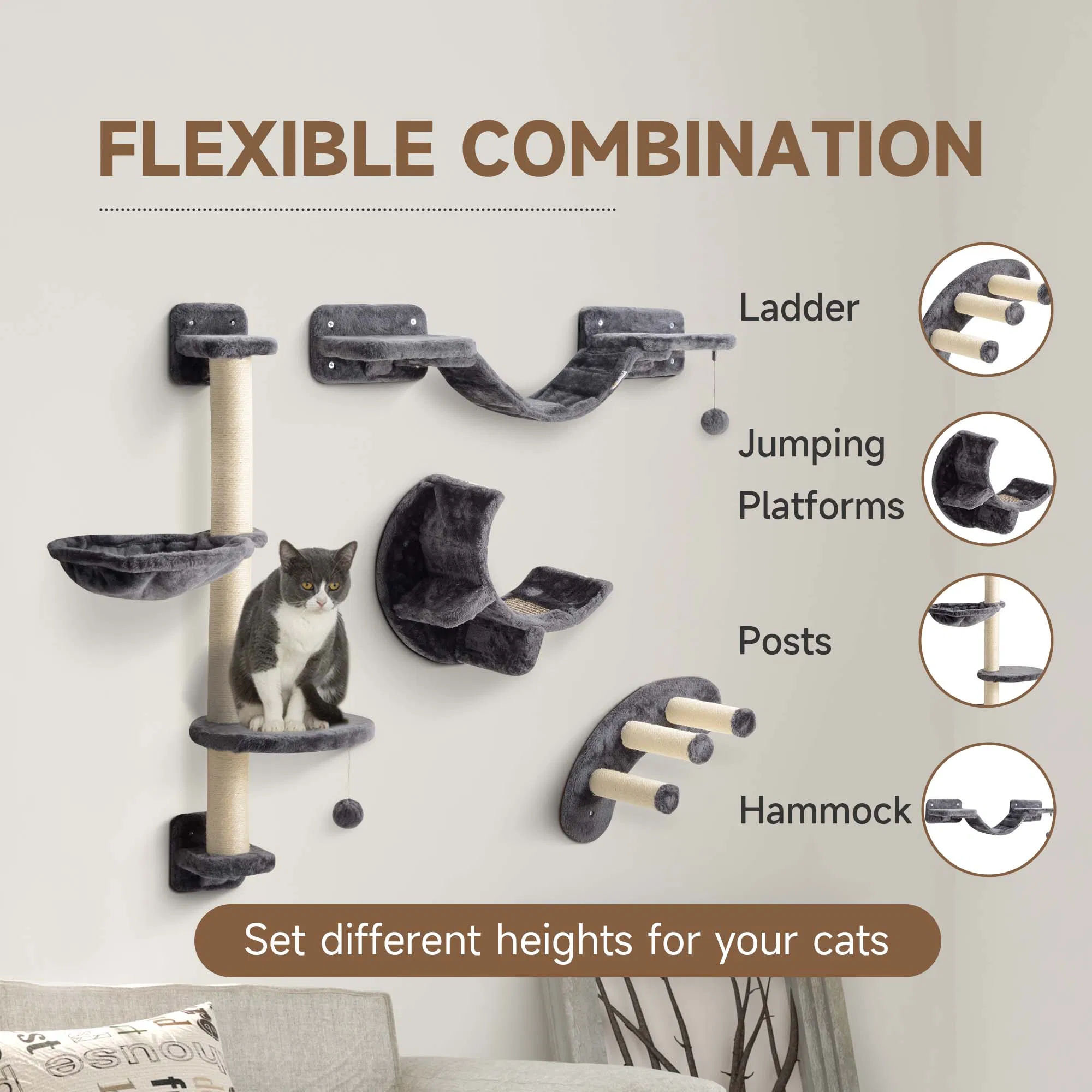 Cat Wall Shelf with Scratching Post, Play Balls, Platforms, Dark Grey — image 2