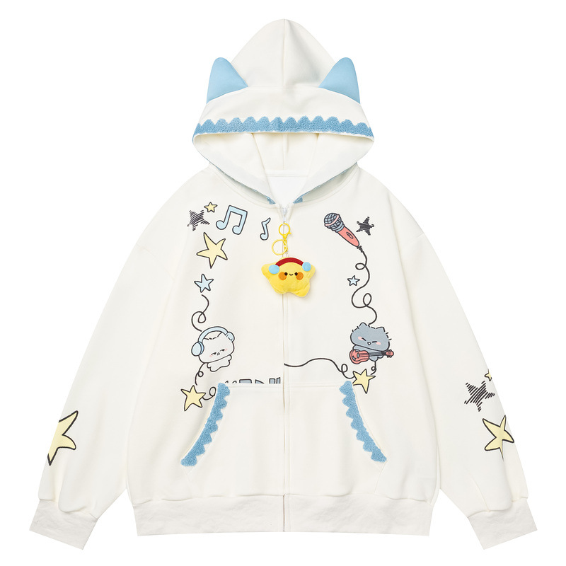 Cartoon note cat print pocket lace casual hoodie jacket — image 7