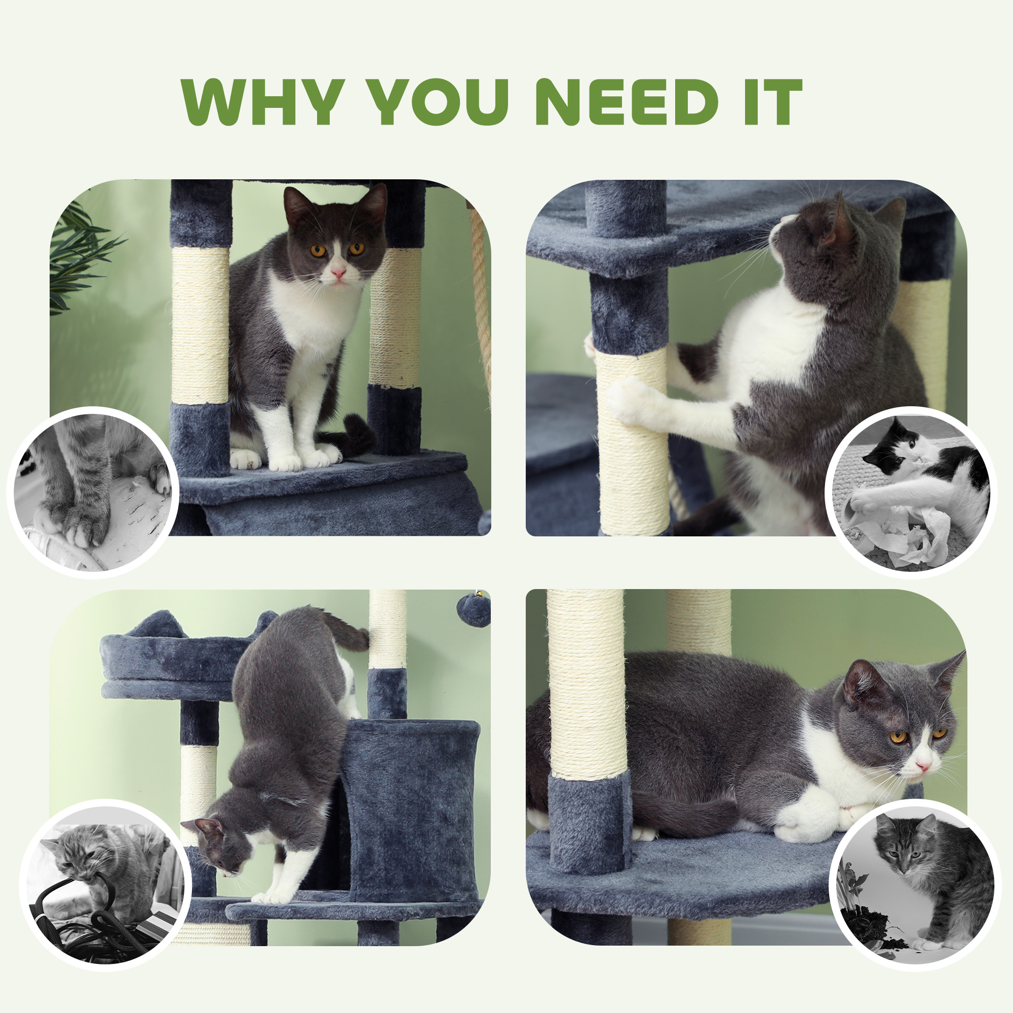 Rascador para Gatos de 81" con Postes Rascadores, Tabla Rascadora, Casitas, Camas, Hamacas, Pelotas de Juguete y Juguete de Cuerda, Gris — imagen 5