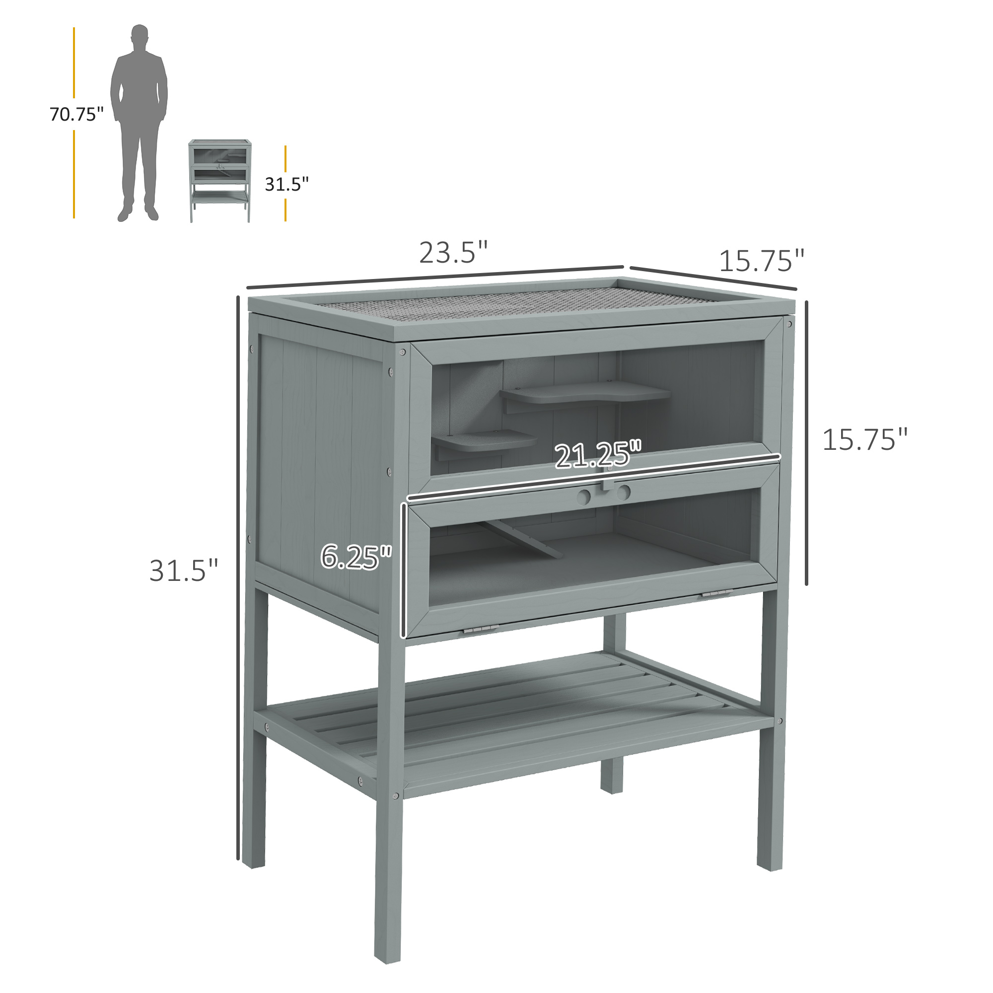 3-Tier Wooden Hamster Cage Mice and Rat Cage Small Animals Hutch with Openable Top, Front Door, Storage Shelf, Gray — imagen 3