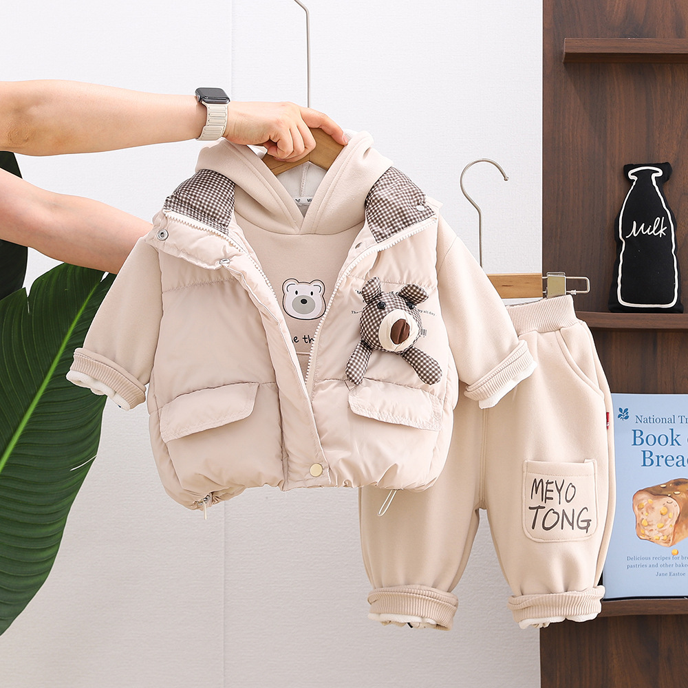 Unisex Kids Winter Fleece-Lined Hoodie Sweatshirt Thickened Bear Head Cotton Vest 3-Piece Set — image 2