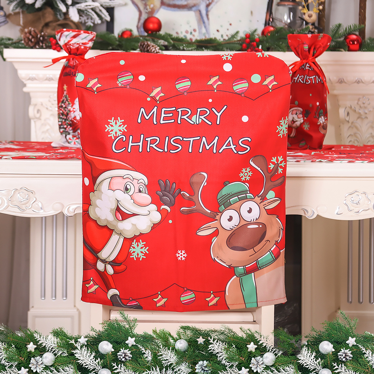 Christmas Home Decoration Cartoon Elderly Elk Printed Chair Cover Red Chair Cover Back Cover — image 4