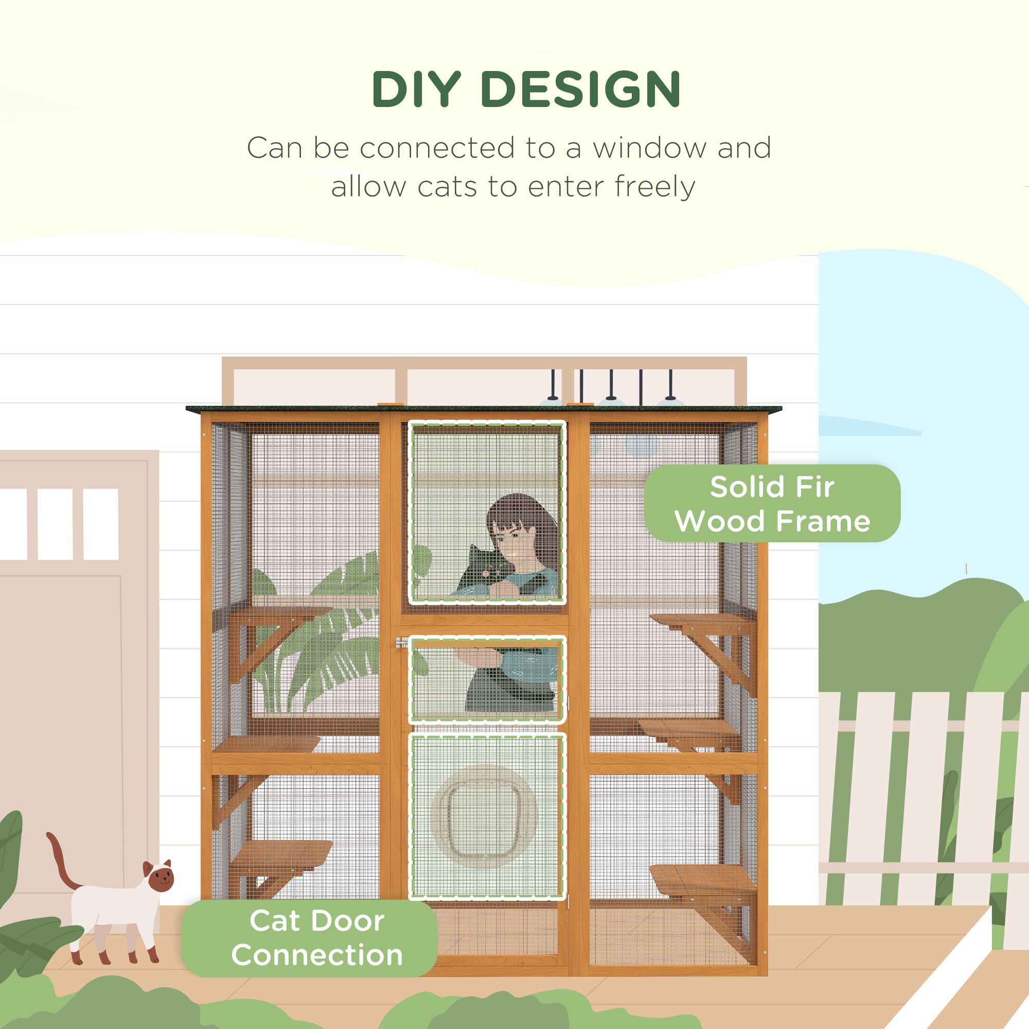 Casa de Jardín para Gatos Exteriores con Gran Patio, Refugio para Félidos en Madera con Techo de Asfalto Impermeable y 6 Alturas — imagen 3