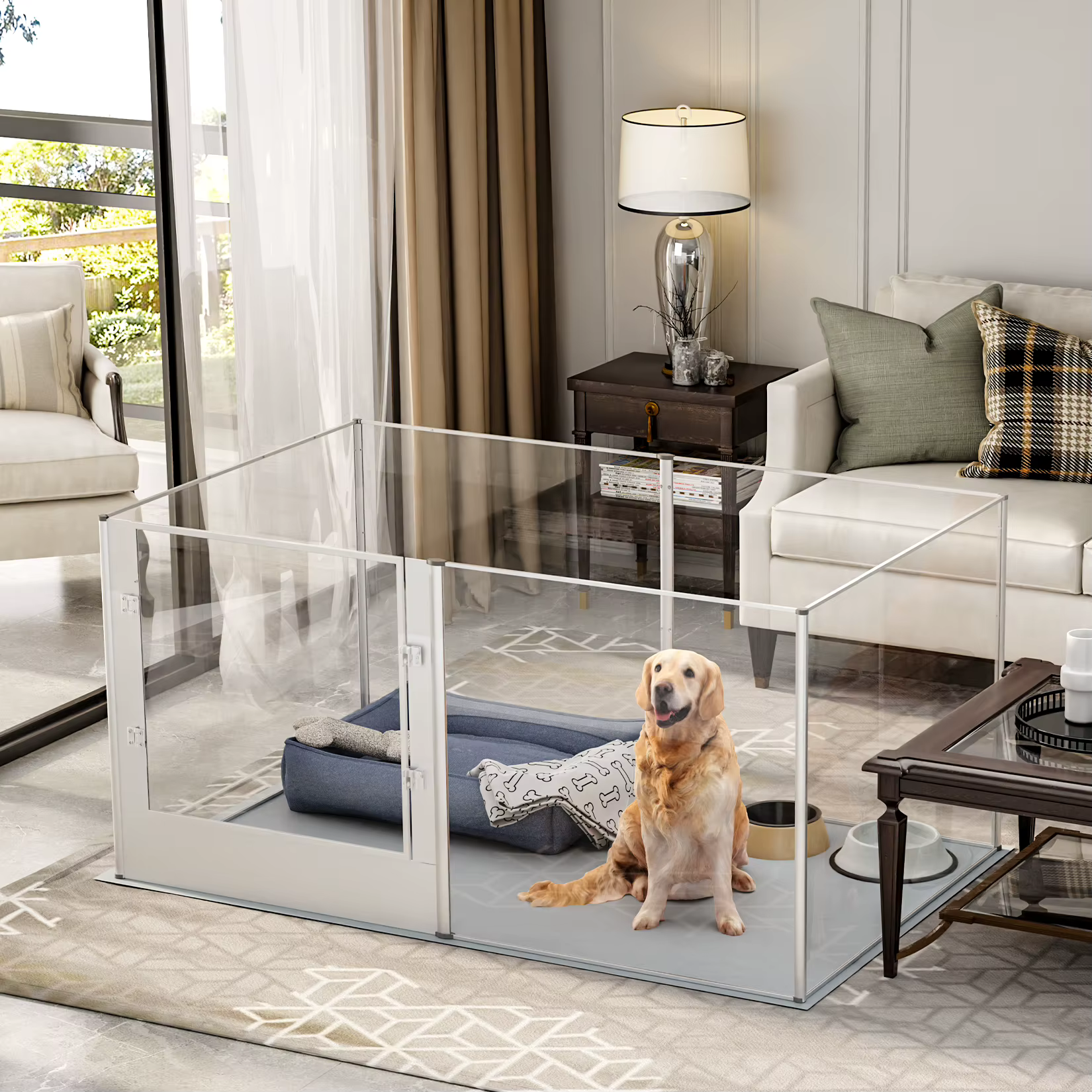 Cubo de Jardín Acetato Grande, 6 Paneles, Cárcel para Mascotas Resistente, Box de Parto con Manta Impermeable — imagen 2