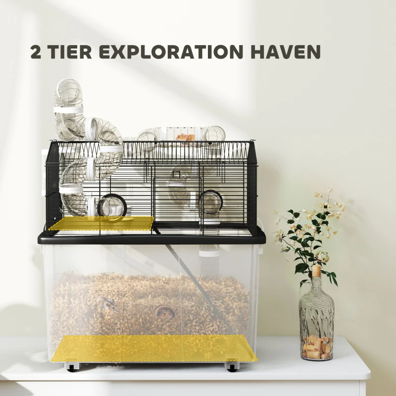 2 Tier Hamster Cage With 12 Deep Tray, Tube System, Water Bottle, Ramp, Feeding Bowl, Black — imagen 5