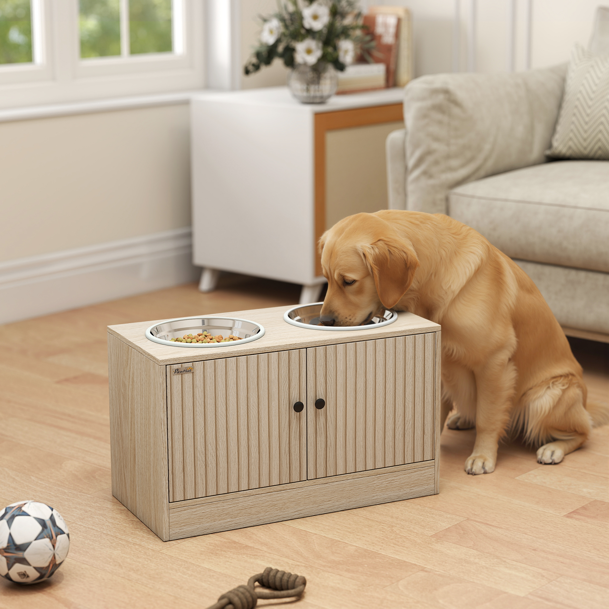 Comedor para Perros Elevado con Almacenamiento, 2 Tazas de Acero Inoxidable, Ralentizador de Comida, Estación de Alimentación para Perros Grandes, Roble — imagen 5