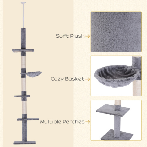 PawHut 9' Adjustable Height Floor-To-Ceiling Vertical Cat Tree - Grey And White — image 2