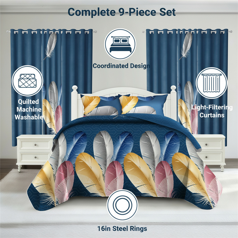 9 Piece Room In A Bag Quilt And Curtain Set, US Designer Navy Blue Boho Feather Print Heavyweight Bedspread With 6 Customizable Window Panels, Pet-Friendly High GSM Coverlet — image 2