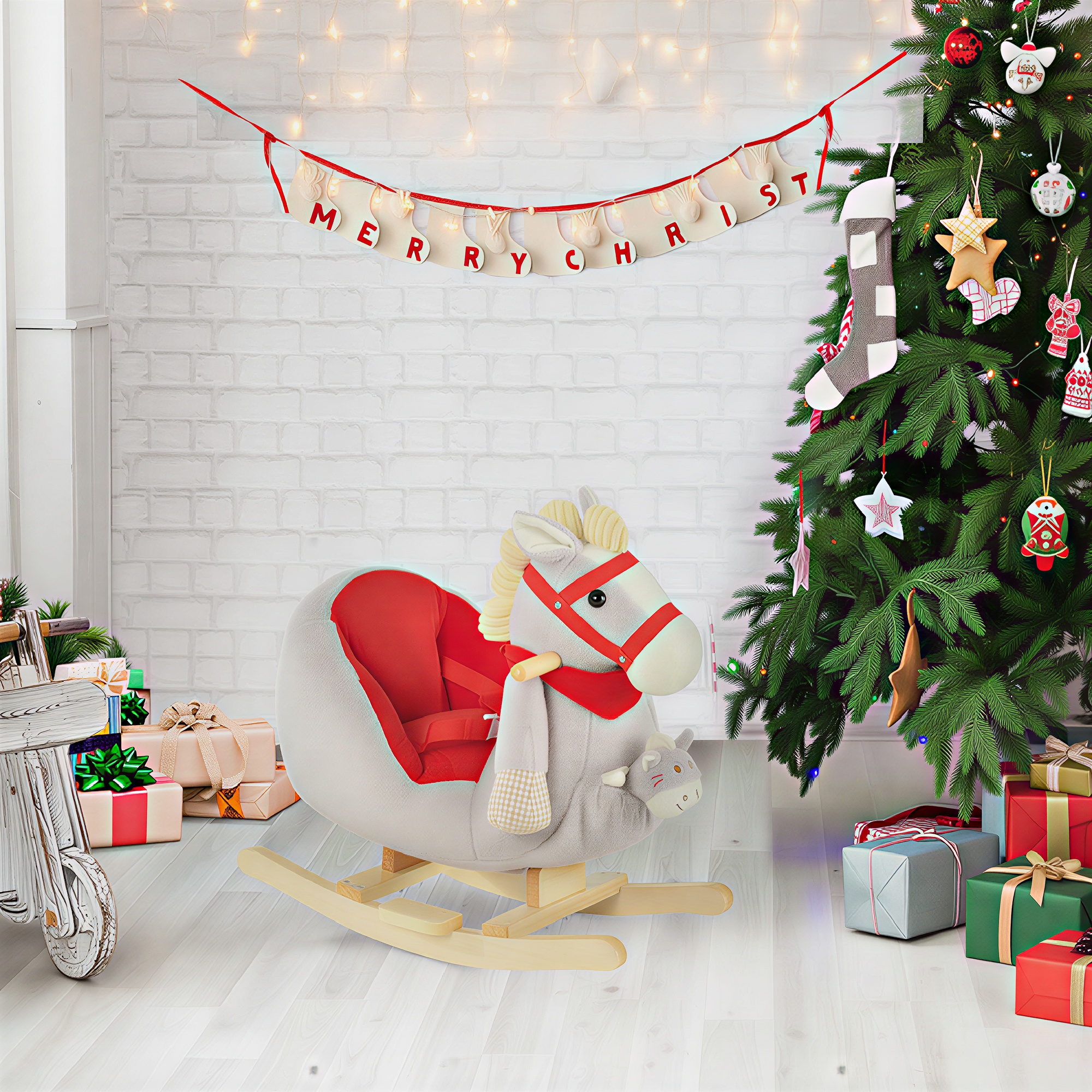 Kids Ride-On Rocking Horse Toy, Rocker with Lullaby Song, Hand Puppets & Soft Plush Fabric for Children 18-36 Months, Gray — image 1