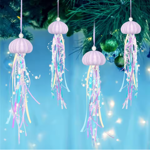 4 Piezas de Adornos Colgantes de Erizo de Mar para Árbol de Navidad, Manualidades Costeras de Erizo de Mar Natural con Cuerda — imagen 1